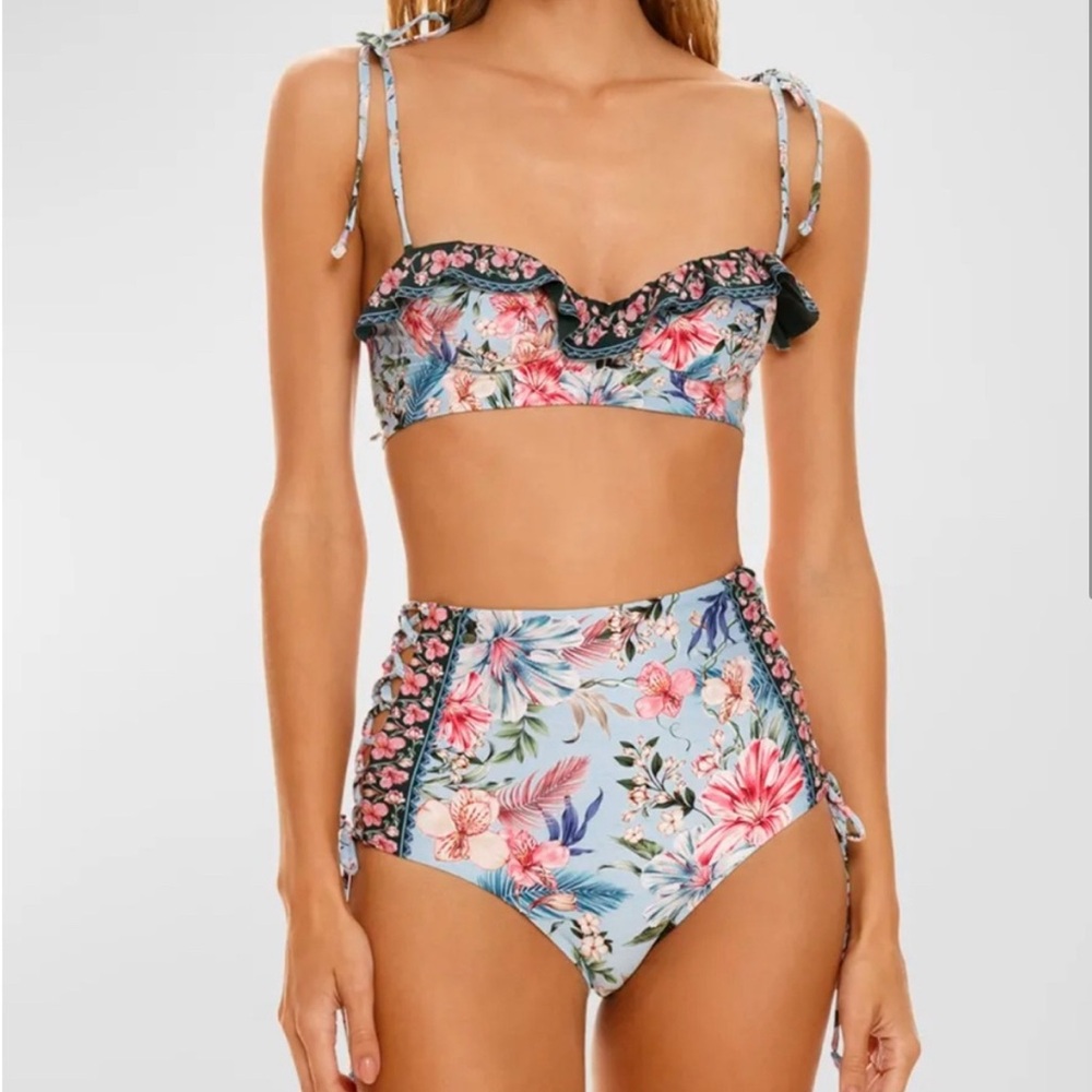 Agua Bendita Light Blue Floral Ruffle High-Waist Bikini Sz M Top Sz L Bottoms